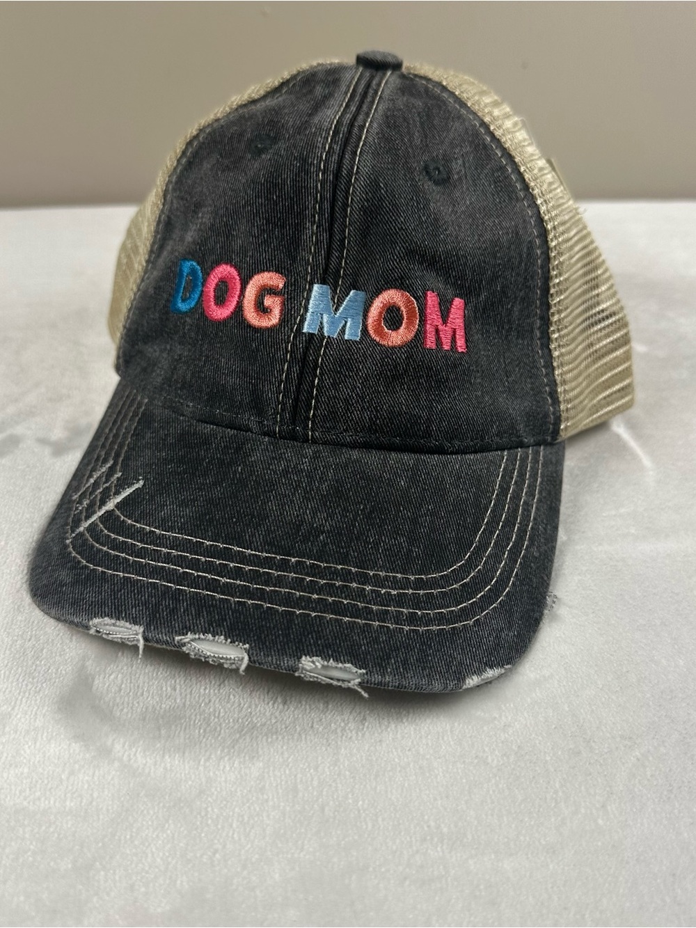 Katydid Dog Mom Embroidered Trucker Hat - Black with Pink, Blue, Coral Letters